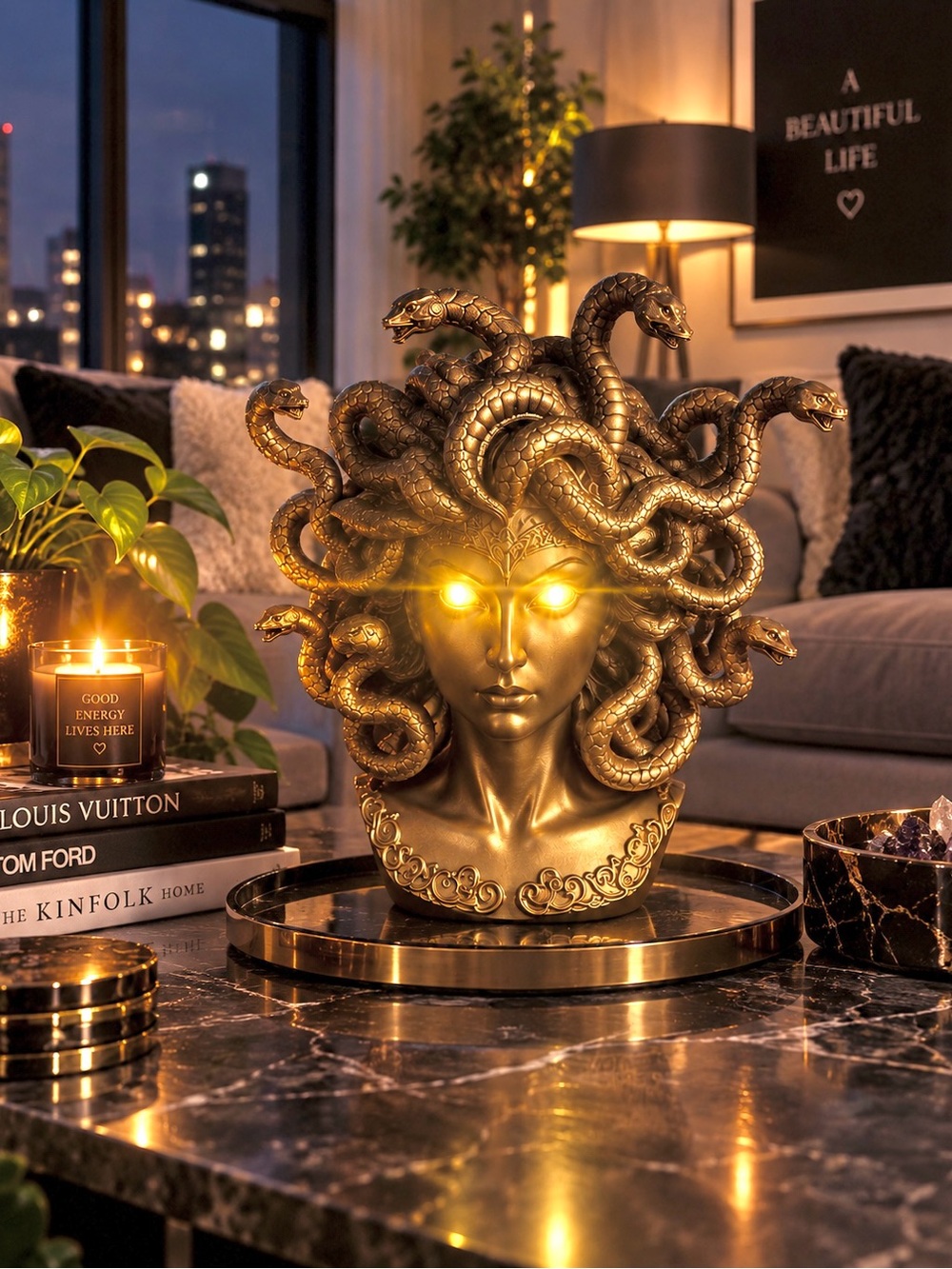 Gold Medusa Bust Decorative Sculpture with Illuminated Eyes